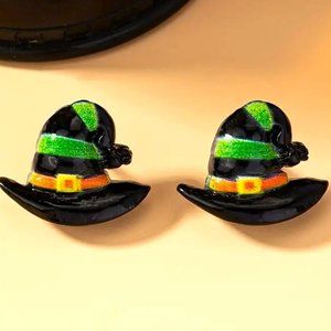 Halloween Witch Hat Earrings Post Studs Gift Party Costume Black Green Orange